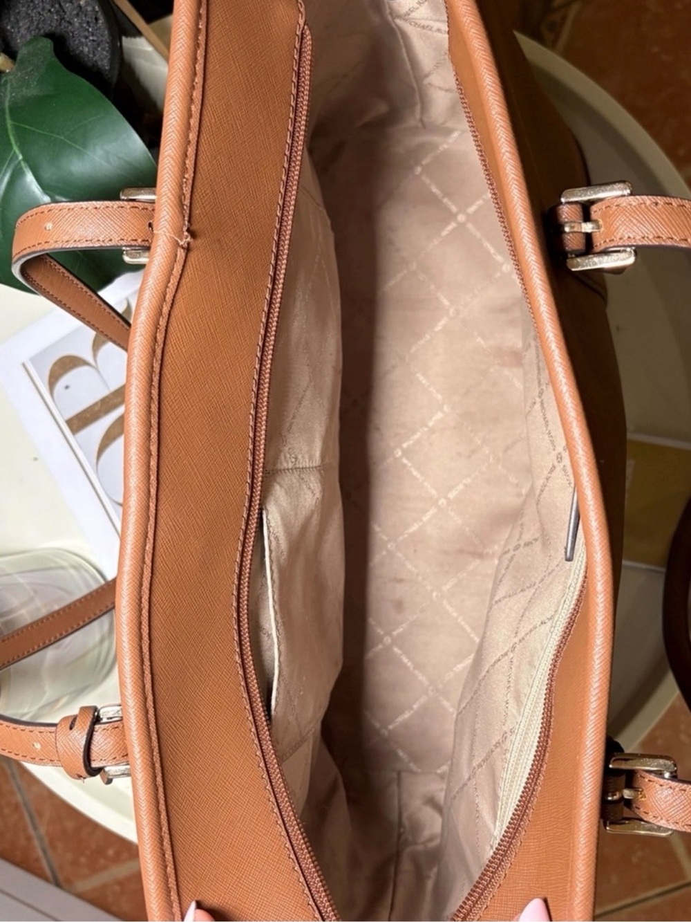 Michael Kors Tan Leather Saffiano Tote with Gold Charm - Picture 5 of 6